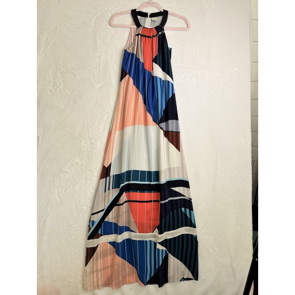 Ecru Long Dress XS Silk Multi Color Halter Flowy Sleeveless Lined
